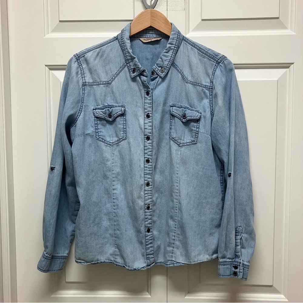 Highway Jeans lightweight denim button down shirt, long sleeve, blue, XL